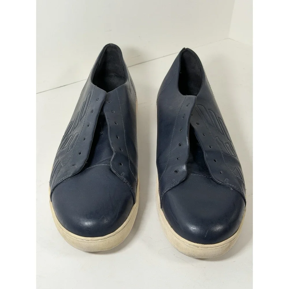 Emporio Armani low-top sneakers, night blue leather w/a debossed eagle logo, M12